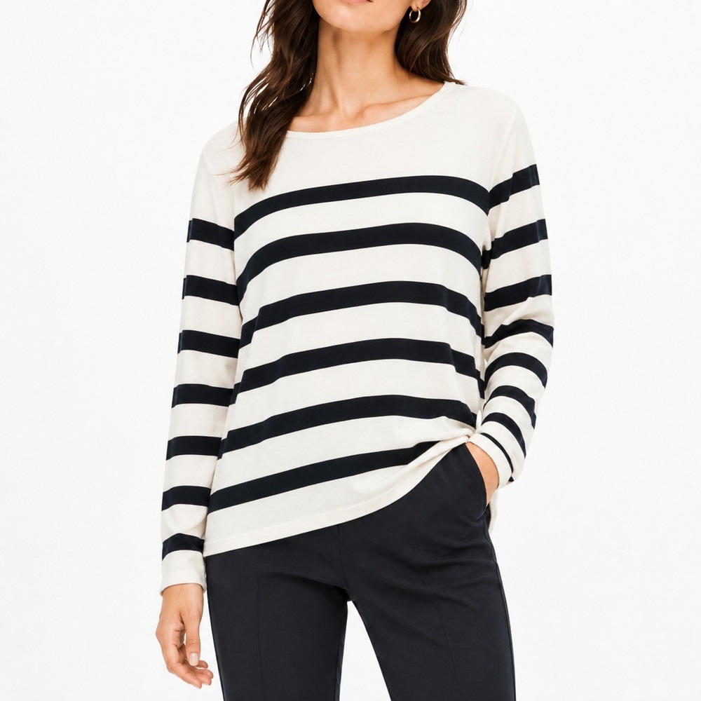 White House Black Market Striped Layered Hem Rhinestone Top Ivory Black Large